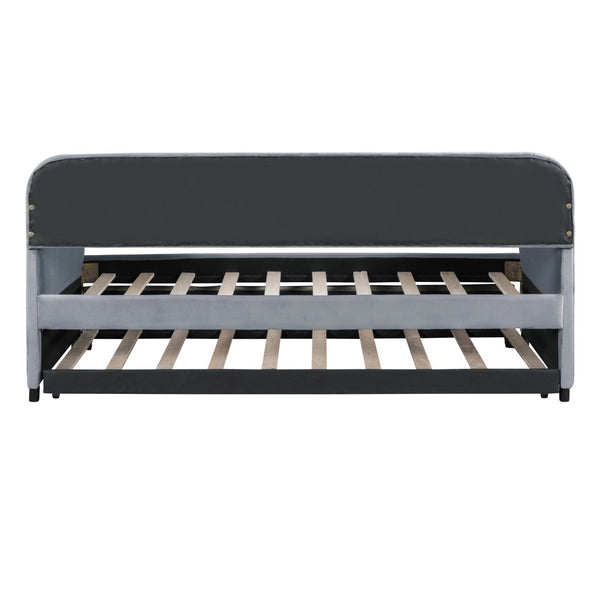 HomeRoots Gray Upholstered Twin Bed Frame with Trundle - Stylish, Space-Saving Design for Versatile Sleep Solutions 602037