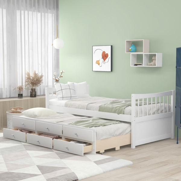 HomeRoots White Wood Twin Bed Frame with Under-Bed Storage Drawers - Stylish, Durable, Perfect for Small Spaces! 602041