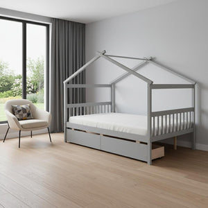 HomeRoots Gray Wood Full House Bed with Storage Drawers - Modern Design, Durable Construction & Cozy Comfort 602042