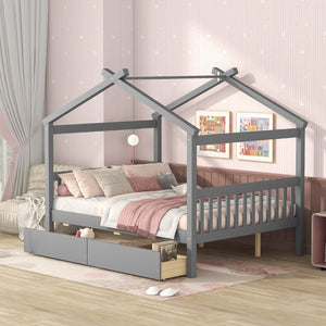 HomeRoots Gray Wood Full House Bed with Storage Drawers - Modern Design, Durable Construction & Cozy Comfort 602042