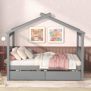 HomeRoots Gray Wood Full House Bed with Storage Drawers - Modern Design, Durable Construction & Cozy Comfort 602042