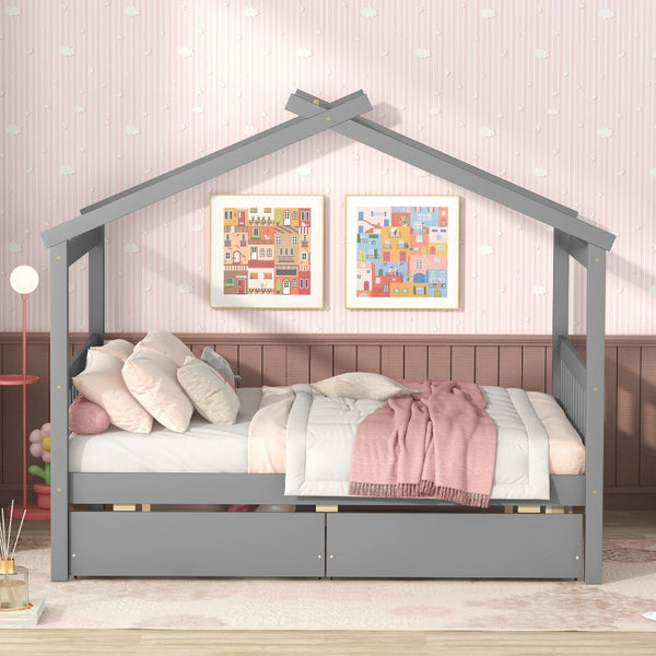 HomeRoots Gray Wood Full House Bed with Storage Drawers - Modern Design, Durable Construction & Cozy Comfort 602042