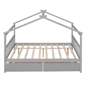 HomeRoots Gray Wood Full House Bed with Storage Drawers - Modern Design, Durable Construction & Cozy Comfort 602042