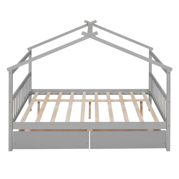 HomeRoots Gray Wood Full House Bed with Storage Drawers - Modern Design, Durable Construction & Cozy Comfort 602042