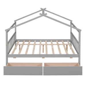 HomeRoots Gray Wood Full House Bed with Storage Drawers - Modern Design, Durable Construction & Cozy Comfort 602042