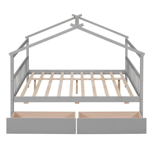 HomeRoots Gray Wood Full House Bed with Storage Drawers - Modern Design, Durable Construction & Cozy Comfort 602042