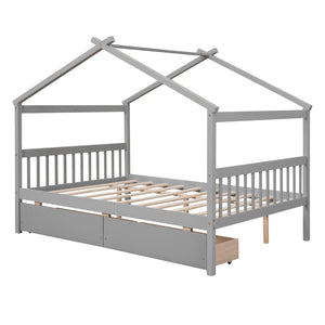 HomeRoots Gray Wood Full House Bed with Storage Drawers - Modern Design, Durable Construction & Cozy Comfort 602042