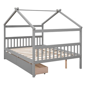 HomeRoots Gray Wood Full House Bed with Storage Drawers - Modern Design, Durable Construction & Cozy Comfort 602042