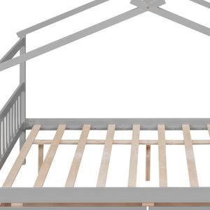 HomeRoots Gray Wood Full House Bed with Storage Drawers - Modern Design, Durable Construction & Cozy Comfort 602042