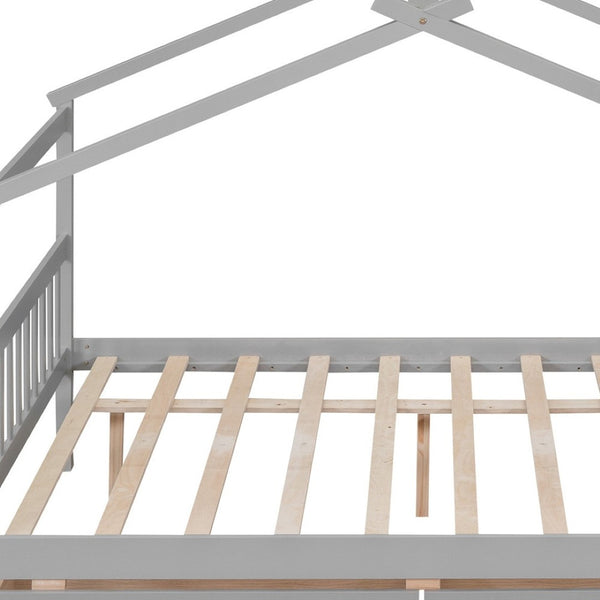 HomeRoots Gray Wood Full House Bed with Storage Drawers - Modern Design, Durable Construction & Cozy Comfort 602042