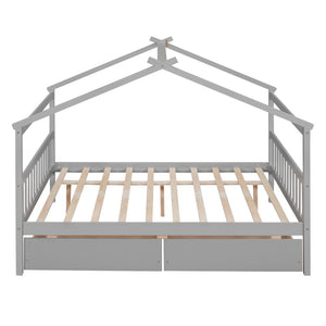 HomeRoots Gray Wood Full House Bed with Storage Drawers - Modern Design, Durable Construction & Cozy Comfort 602042
