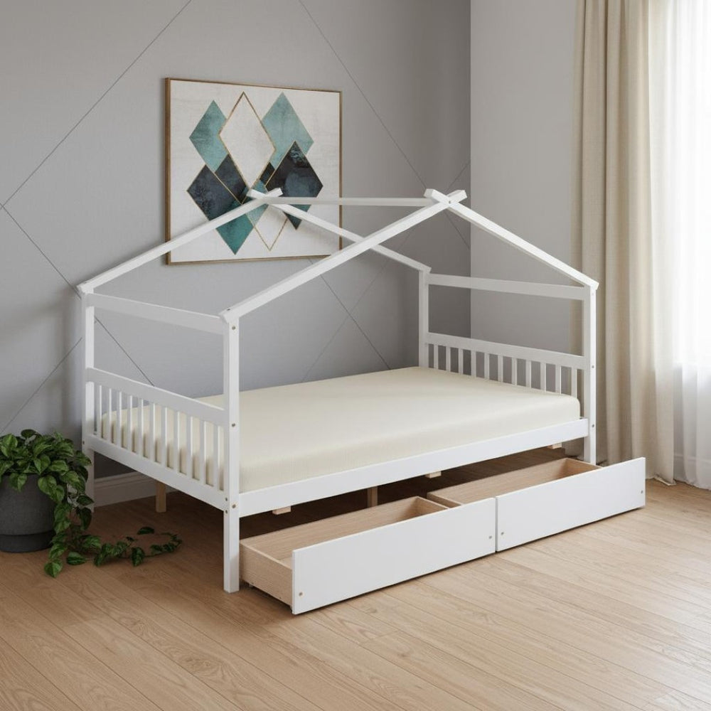 HomeRoots White Wood Full Canopy Bed Frame with Drawers - Stylish Storage & Support for Cozy Bedrooms 602043