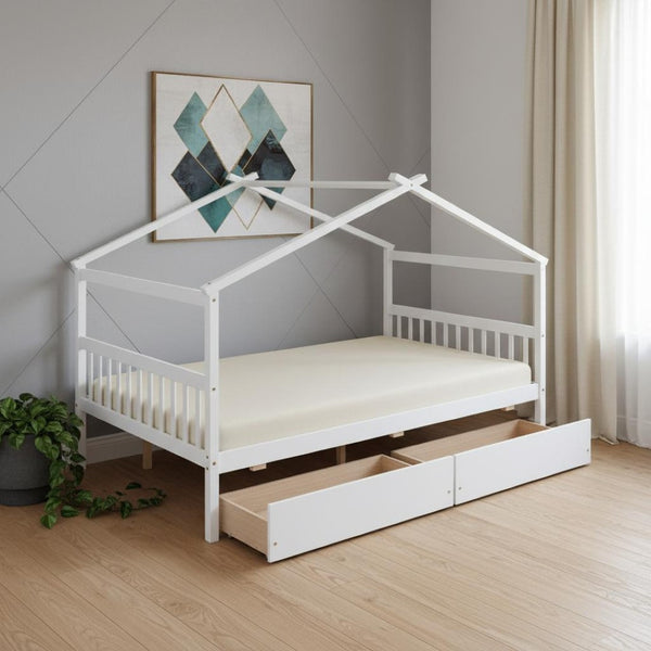 HomeRoots White Wood Full Canopy Bed Frame with Drawers - Stylish Storage & Support for Cozy Bedrooms 602043