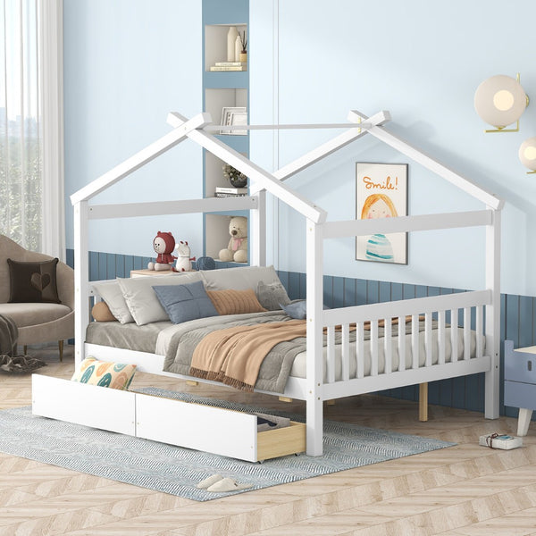 HomeRoots White Wood Full Canopy Bed Frame with Drawers - Stylish Storage & Support for Cozy Bedrooms 602043