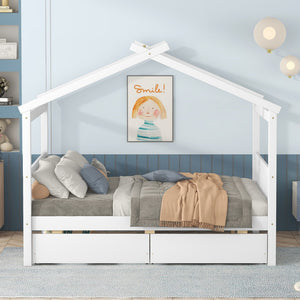 HomeRoots White Wood Full Canopy Bed Frame with Drawers - Stylish Storage & Support for Cozy Bedrooms 602043