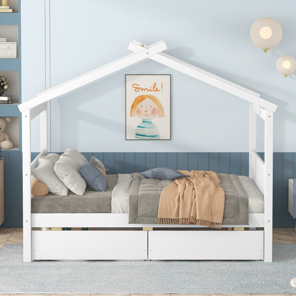 HomeRoots White Wood Full Canopy Bed Frame with Drawers - Stylish Storage & Support for Cozy Bedrooms 602043