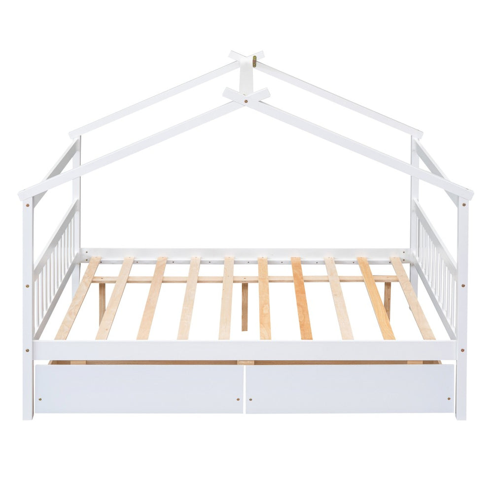 HomeRoots White Wood Full Canopy Bed Frame with Drawers - Stylish Storage & Support for Cozy Bedrooms 602043