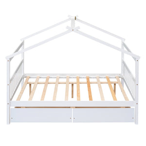 HomeRoots White Wood Full Canopy Bed Frame with Drawers - Stylish Storage & Support for Cozy Bedrooms 602043