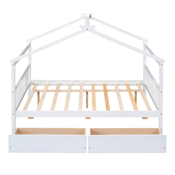 HomeRoots White Wood Full Canopy Bed Frame with Drawers - Stylish Storage & Support for Cozy Bedrooms 602043