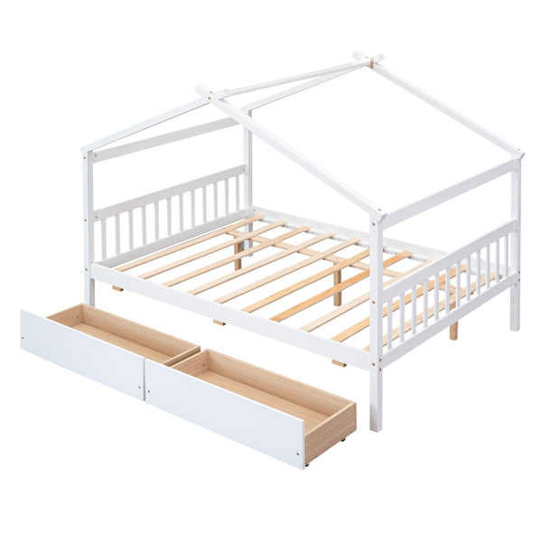 HomeRoots White Wood Full Canopy Bed Frame with Drawers - Stylish Storage & Support for Cozy Bedrooms 602043