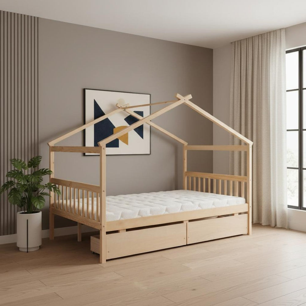 HomeRoots Natural Wood Full Canopy Bed Frame with Under-Bed Drawers for Stylish and Organized Bedrooms 602044