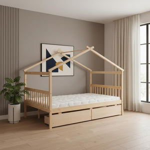 HomeRoots Natural Wood Full Canopy Bed Frame with Under-Bed Drawers for Stylish and Organized Bedrooms 602044
