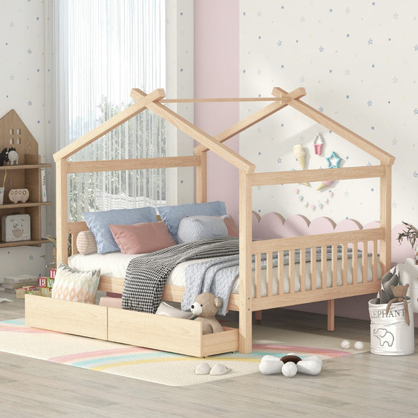 HomeRoots Natural Wood Full Canopy Bed Frame with Under-Bed Drawers for Stylish and Organized Bedrooms 602044