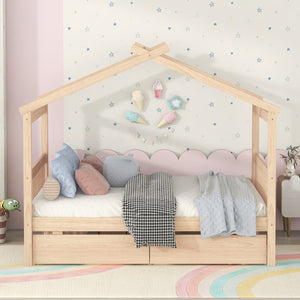 HomeRoots Natural Wood Full Canopy Bed Frame with Under-Bed Drawers for Stylish and Organized Bedrooms 602044