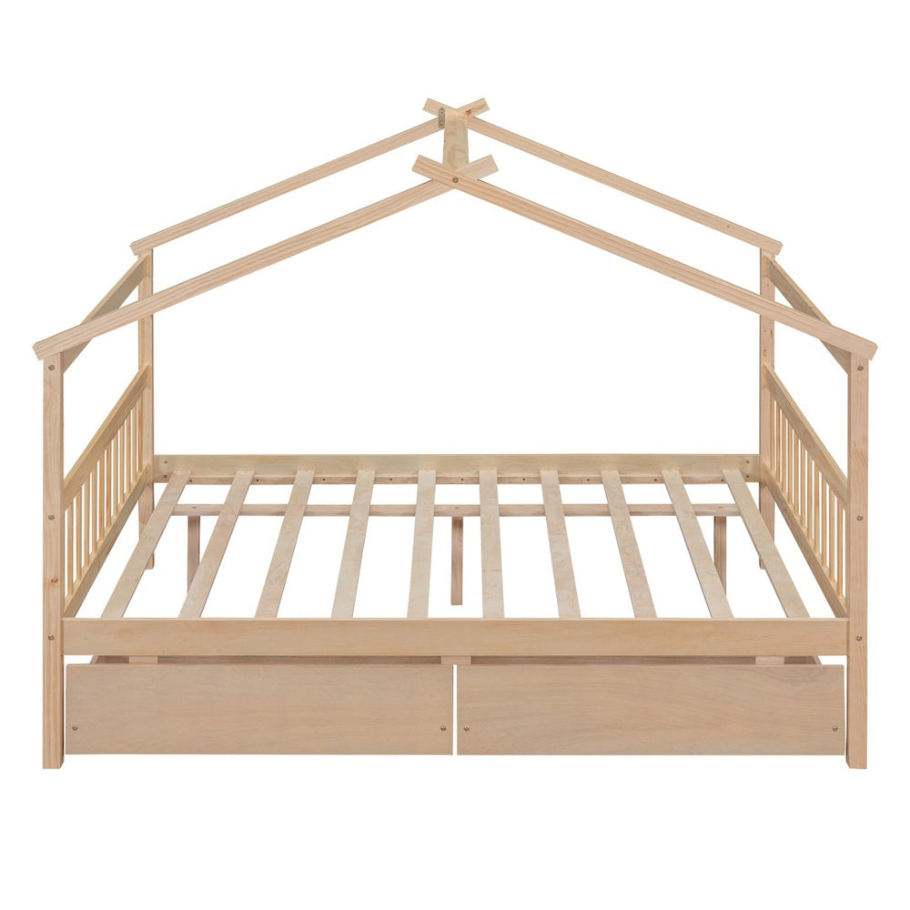 HomeRoots Natural Wood Full Canopy Bed Frame with Under-Bed Drawers for Stylish and Organized Bedrooms 602044