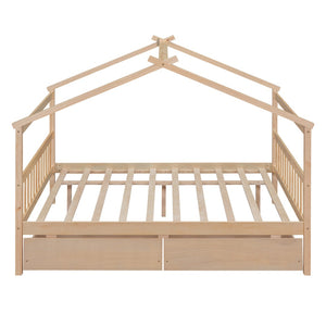 HomeRoots Natural Wood Full Canopy Bed Frame with Under-Bed Drawers for Stylish and Organized Bedrooms 602044
