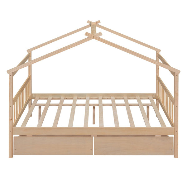 HomeRoots Natural Wood Full Canopy Bed Frame with Under-Bed Drawers for Stylish and Organized Bedrooms 602044