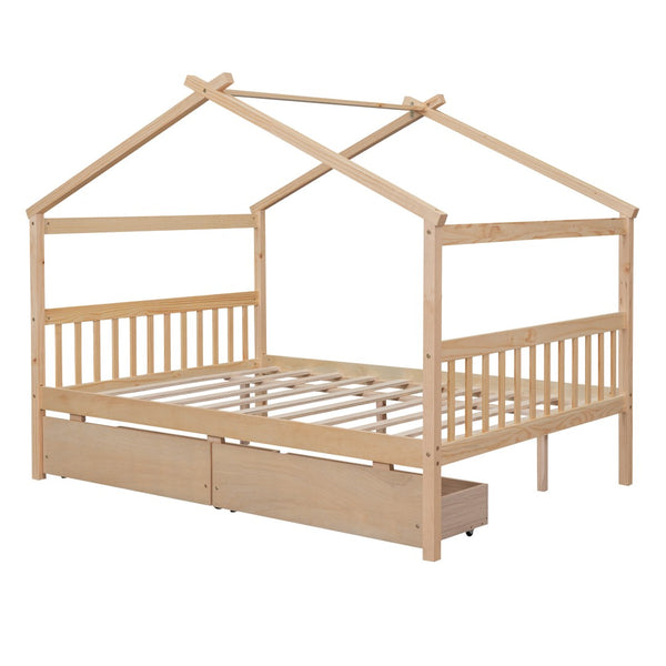 HomeRoots Natural Wood Full Canopy Bed Frame with Under-Bed Drawers for Stylish and Organized Bedrooms 602044