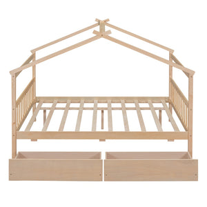 HomeRoots Natural Wood Full Canopy Bed Frame with Under-Bed Drawers for Stylish and Organized Bedrooms 602044