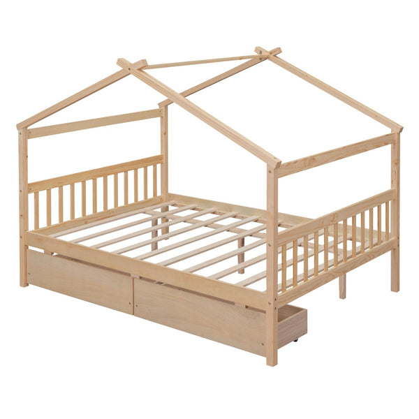 HomeRoots Natural Wood Full Canopy Bed Frame with Under-Bed Drawers for Stylish and Organized Bedrooms 602044