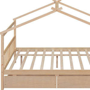 HomeRoots Natural Wood Full Canopy Bed Frame with Under-Bed Drawers for Stylish and Organized Bedrooms 602044