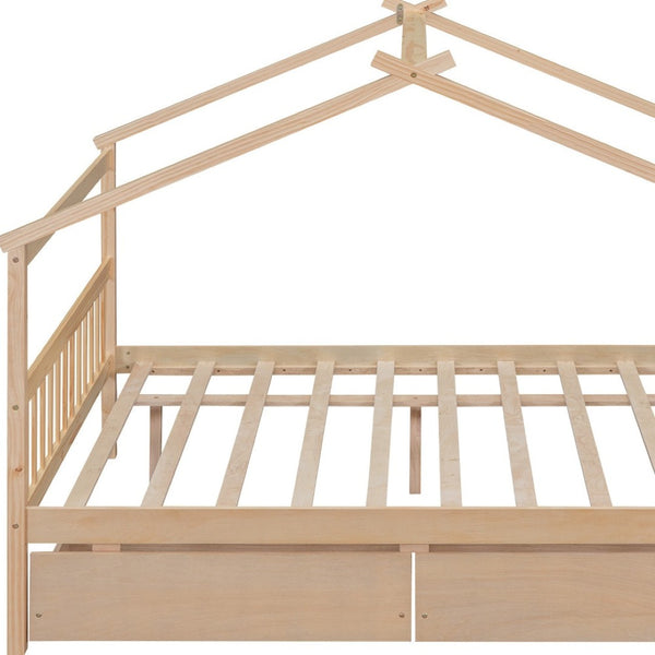 HomeRoots Natural Wood Full Canopy Bed Frame with Under-Bed Drawers for Stylish and Organized Bedrooms 602044