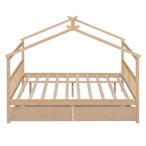 HomeRoots Natural Wood Full Canopy Bed Frame with Under-Bed Drawers for Stylish and Organized Bedrooms 602044