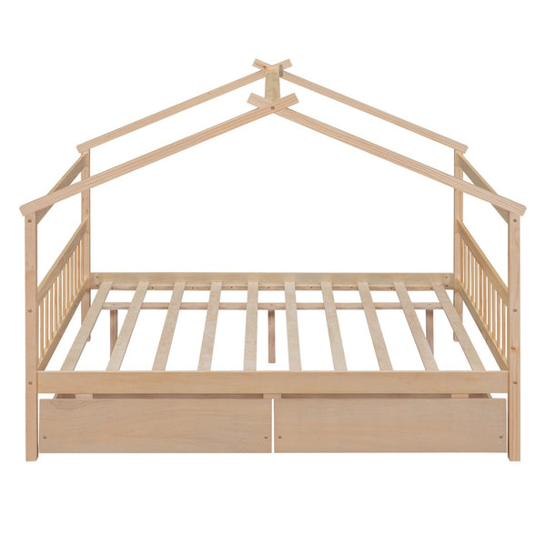 HomeRoots Natural Wood Full Canopy Bed Frame with Under-Bed Drawers for Stylish and Organized Bedrooms 602044