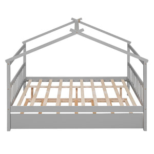 HomeRoots Gray Wood Full House Bed with Trundle - Modern Design, Space-Saving, Durable & Stylish Sleep Solution 602045
