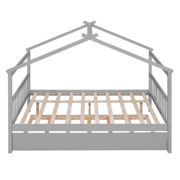 HomeRoots Gray Wood Full House Bed with Trundle - Modern Design, Space-Saving, Durable & Stylish Sleep Solution 602045