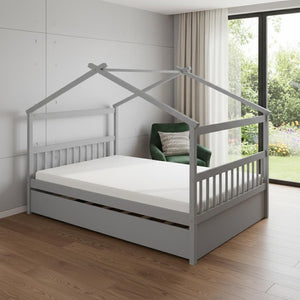 HomeRoots Gray Wood Full House Bed with Trundle - Modern Design, Space-Saving, Durable & Stylish Sleep Solution 602045