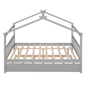 HomeRoots Gray Wood Full House Bed with Trundle - Modern Design, Space-Saving, Durable & Stylish Sleep Solution 602045