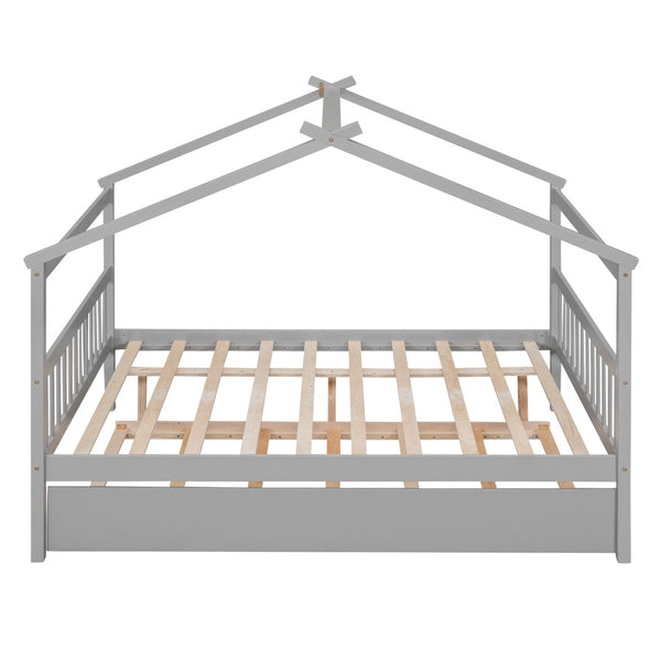 HomeRoots Gray Wood Full House Bed with Trundle - Modern Design, Space-Saving, Durable & Stylish Sleep Solution 602045