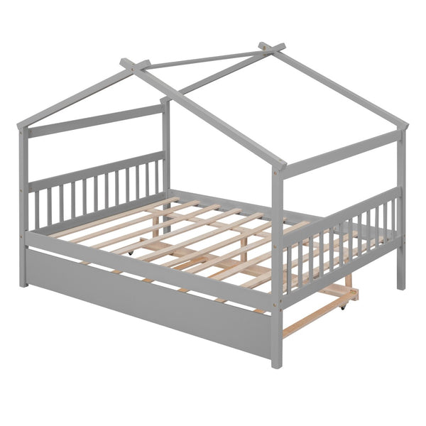 HomeRoots Gray Wood Full House Bed with Trundle - Modern Design, Space-Saving, Durable & Stylish Sleep Solution 602045