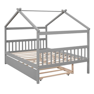 HomeRoots Gray Wood Full House Bed with Trundle - Modern Design, Space-Saving, Durable & Stylish Sleep Solution 602045