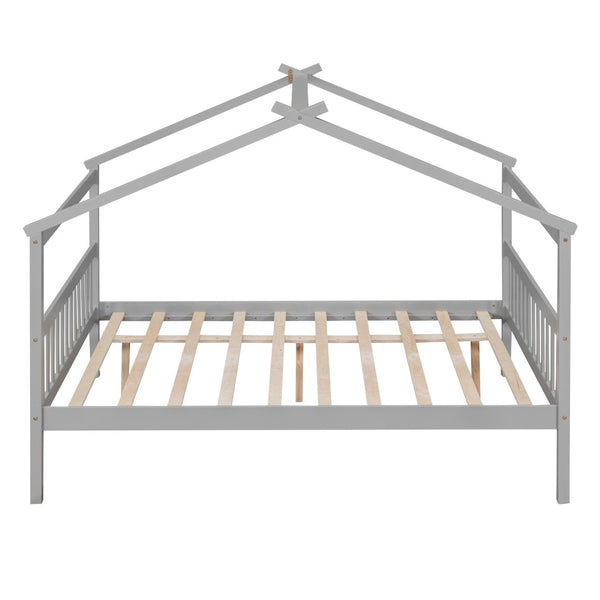 HomeRoots Gray Wood Full House Bed with Trundle - Modern Design, Space-Saving, Durable & Stylish Sleep Solution 602045