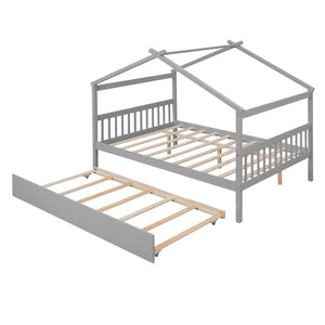 HomeRoots Gray Wood Full House Bed with Trundle - Modern Design, Space-Saving, Durable & Stylish Sleep Solution 602045
