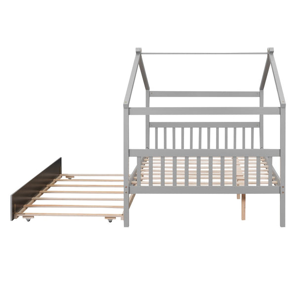 HomeRoots Gray Wood Full House Bed with Trundle - Modern Design, Space-Saving, Durable & Stylish Sleep Solution 602045