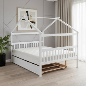 HomeRoots White Wood Full Canopy Bed Frame with Trundle – Stylish, Durable, and Perfect for Any Bedroom Decor 602046