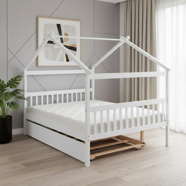 HomeRoots White Wood Full Canopy Bed Frame with Trundle – Stylish, Durable, and Perfect for Any Bedroom Decor 602046